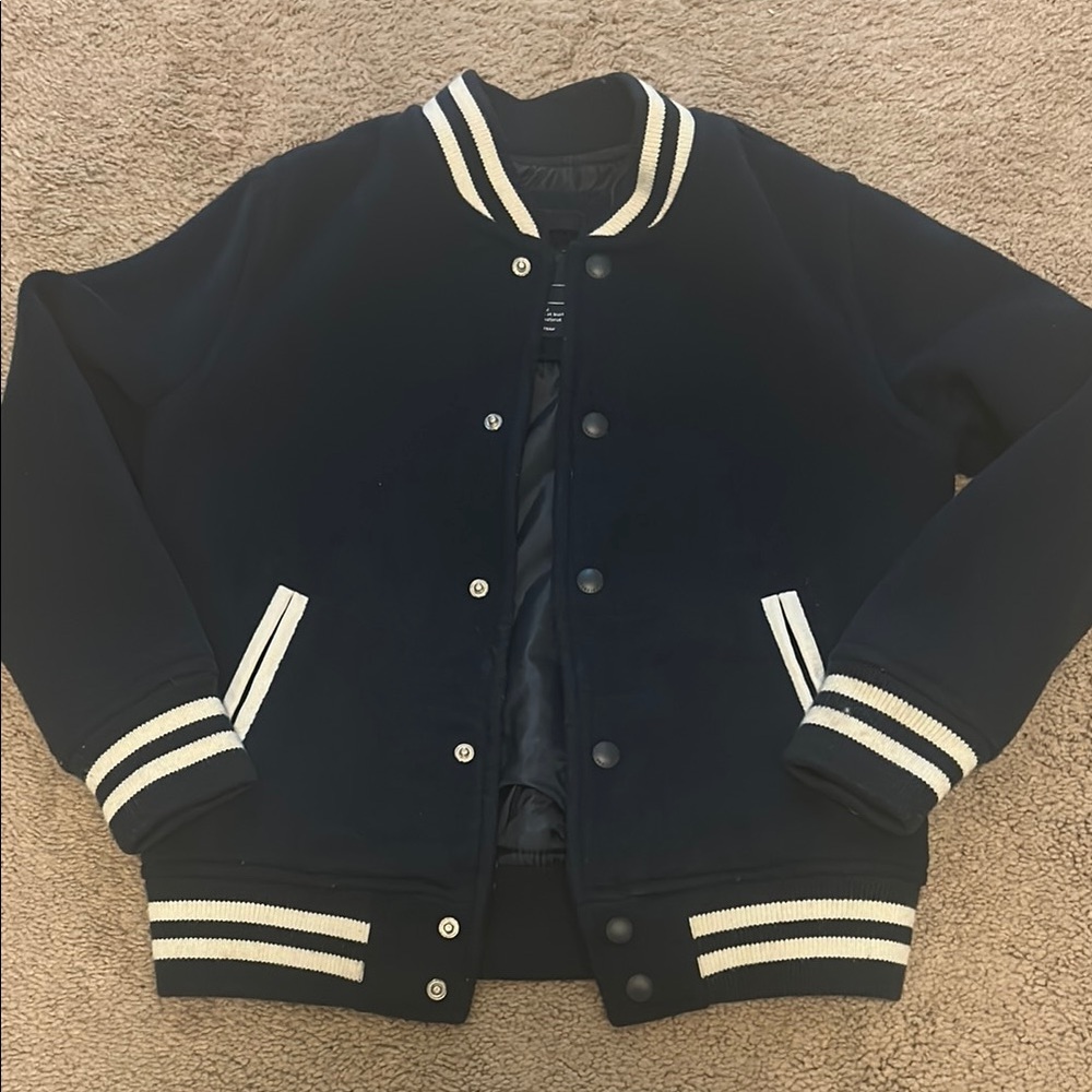 Boys Navy Varsity Jacket with White Stripes